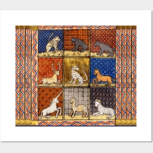 MEDIEVAL BESTIARY FANTASTIC ANIMALS IN GOLD RED BLUE COLORS Posters and Art
